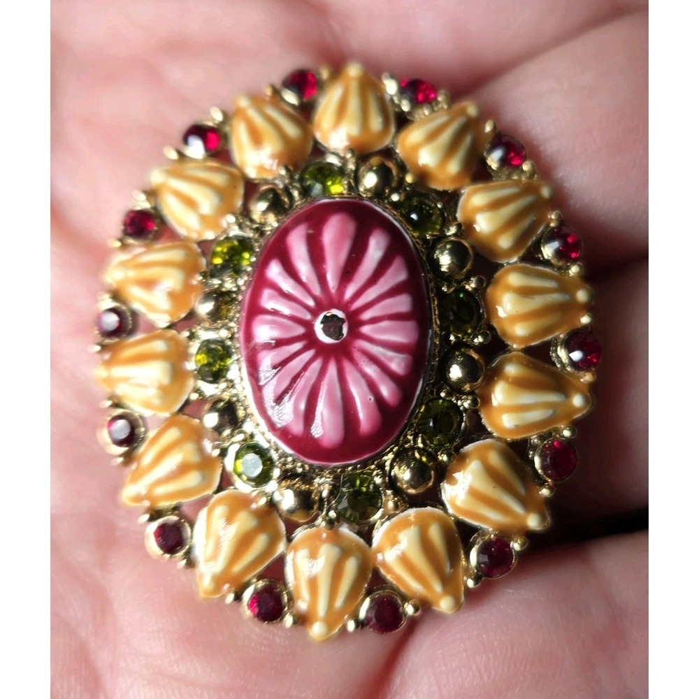 Vtg Liz Claiborne Brooch Oval Enamel Orange Red Green Rhinestones Gold Tone Pin